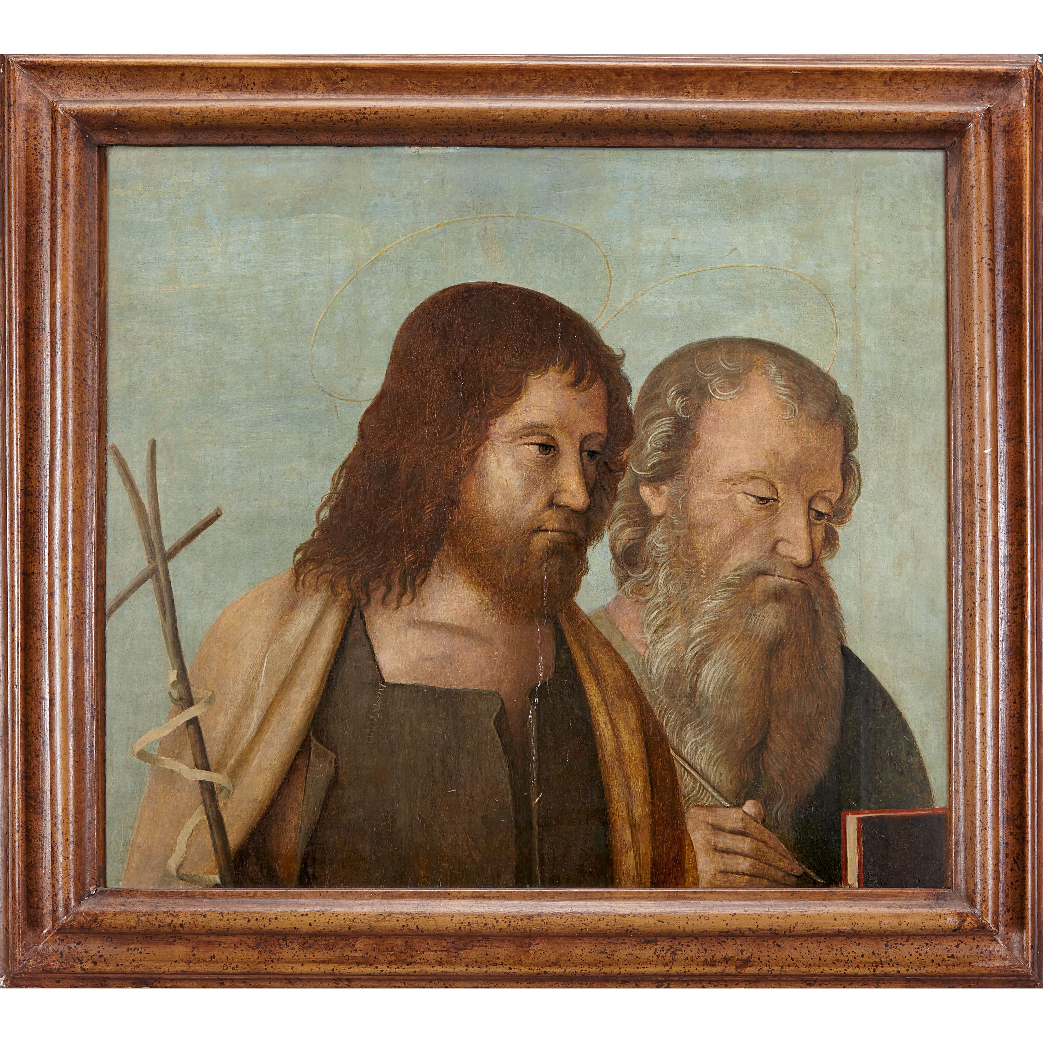 Antique oil painting on panel of St John the Baptist and St Jerome Venetian School circa 1510
