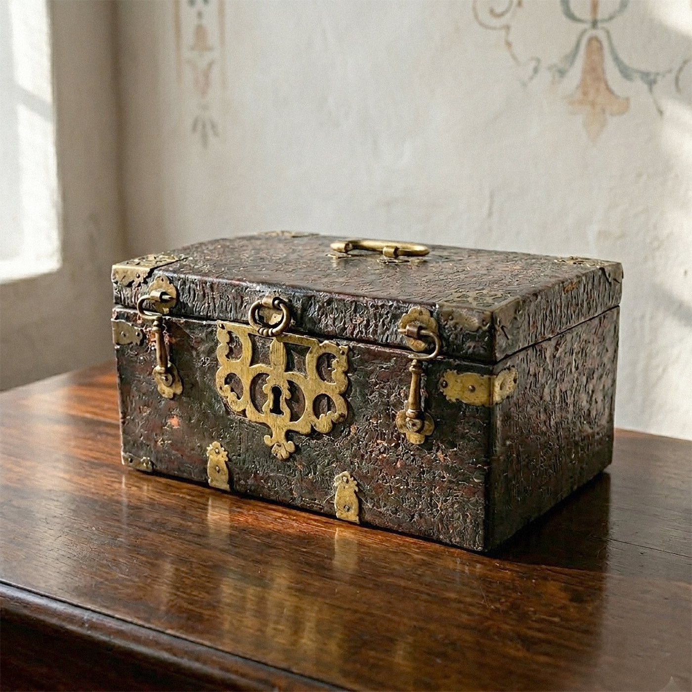 Vintage-style metal box with decorative locks on a wooden surface