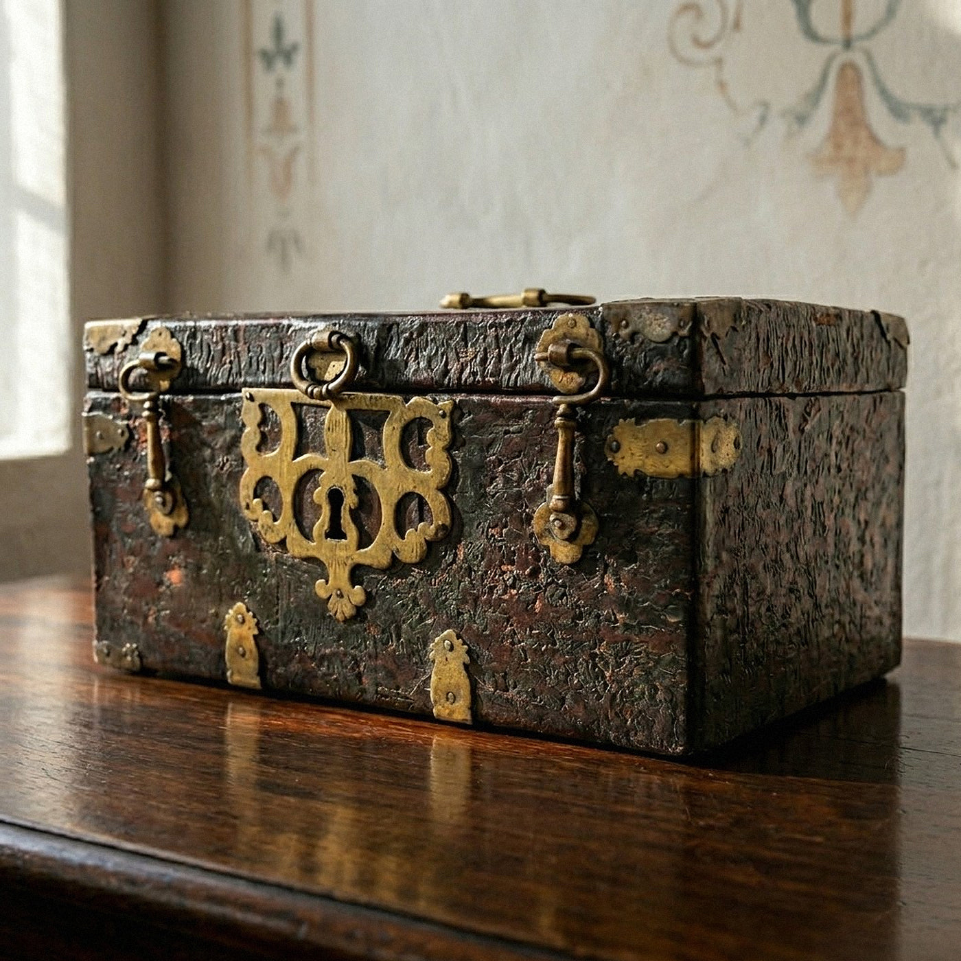 Antique 18th century European leather and brass casket angled view curated by Le Historique