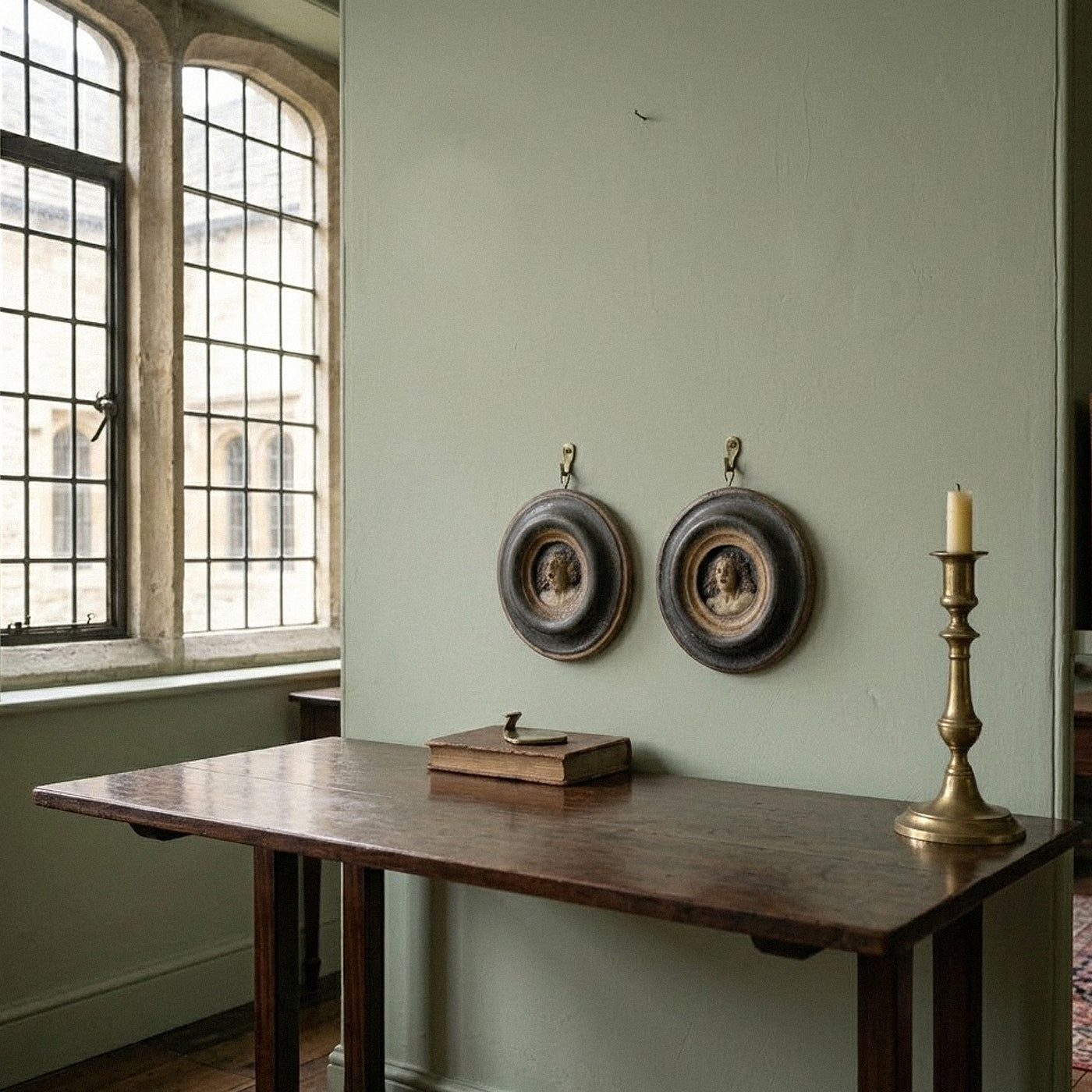 Vintage wooden table with candlestick and a decorative Pair of antique 18th century Italian polychrome wax roundels depicting damned souls curated by Le Historique against a light green wall.