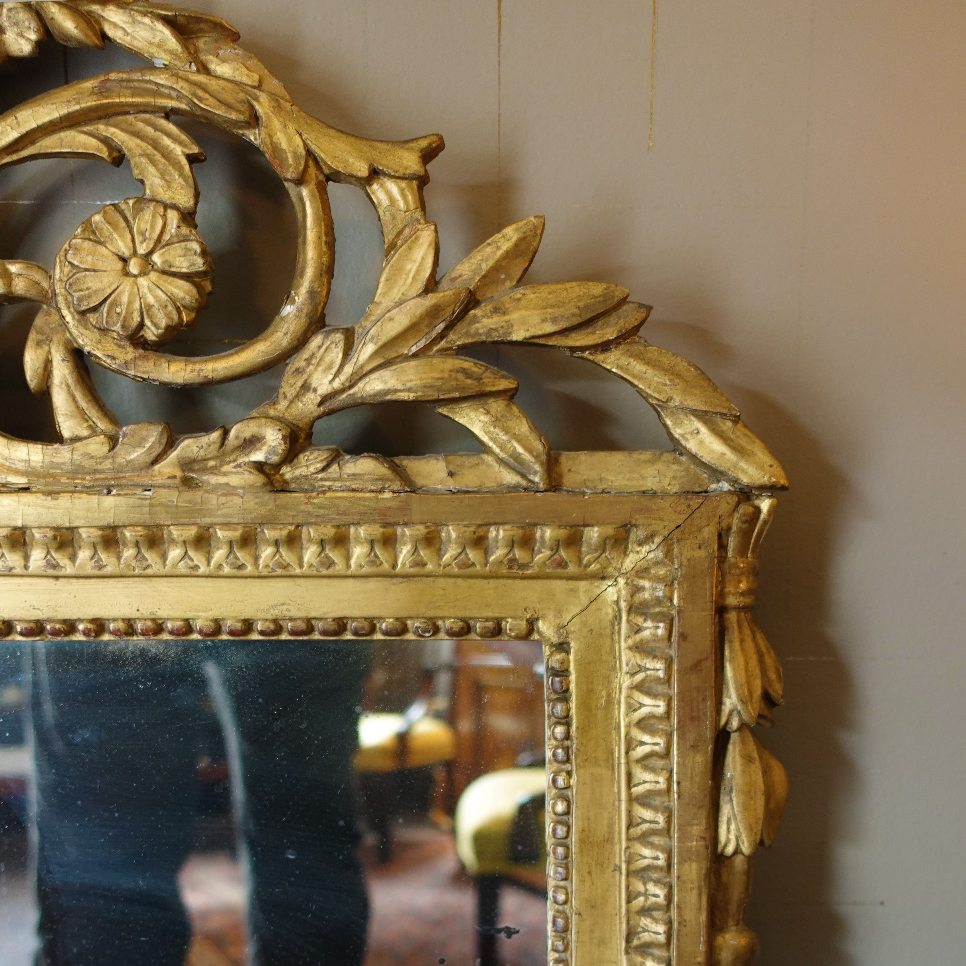 Antique mirror glass with minor spotting and authentic aged patina from the 1800s