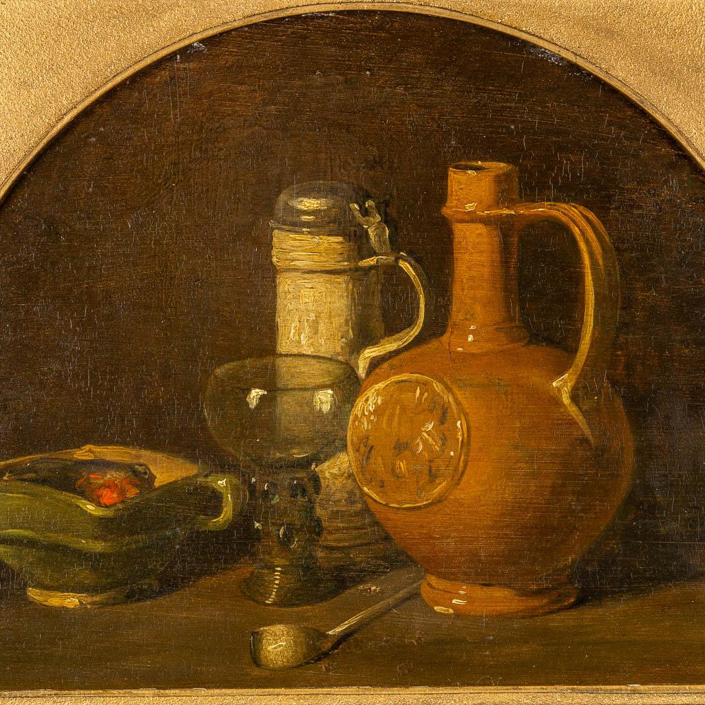 Early Dutch Still Life Oil Painting with Rummer Glass and Stoneware Jug