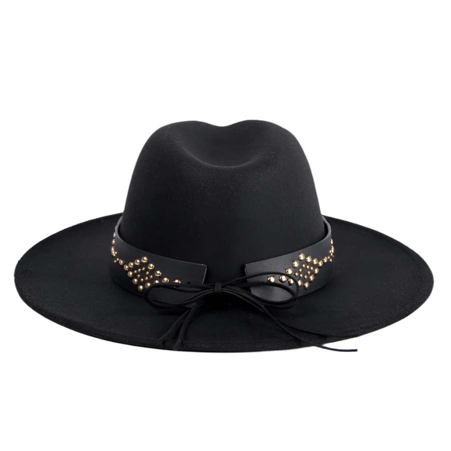 BLACK WIDE BRIM FEDORA WITH VEGAN LEATHER STUDDED BAND