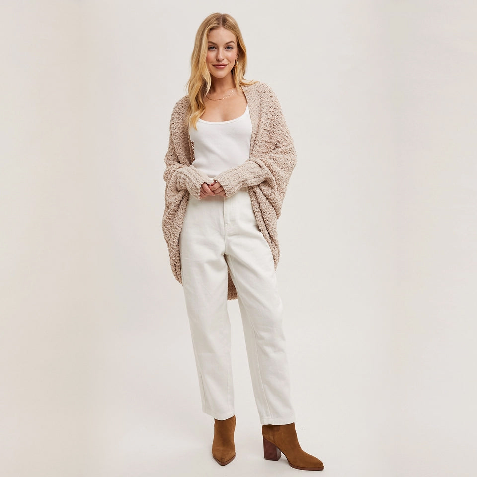 ALMOND COLORED CHUNKY POPCORN KNIT OPEN FRONT SWEATER DOLMAN SLEEVED CARDIGAN BY BLUIVY
