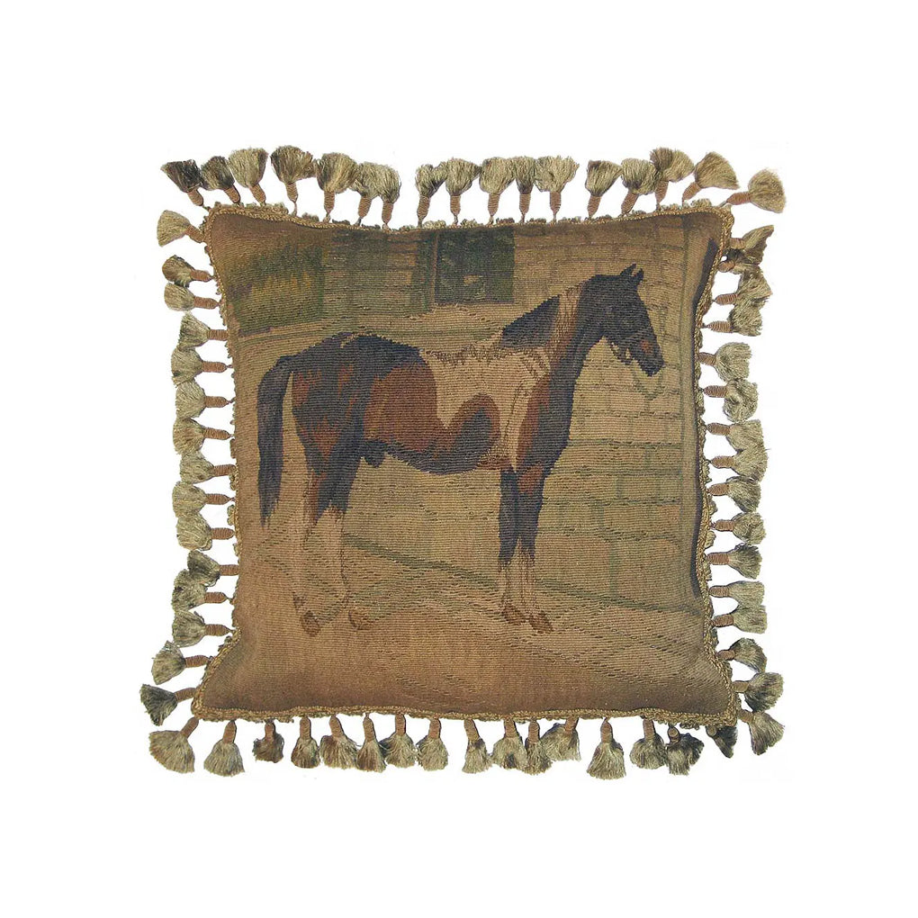 Antique Reproduction Hand-Woven Wool Tapestry Pillow – Equestrian Horse Motif with Tassel Fringe
