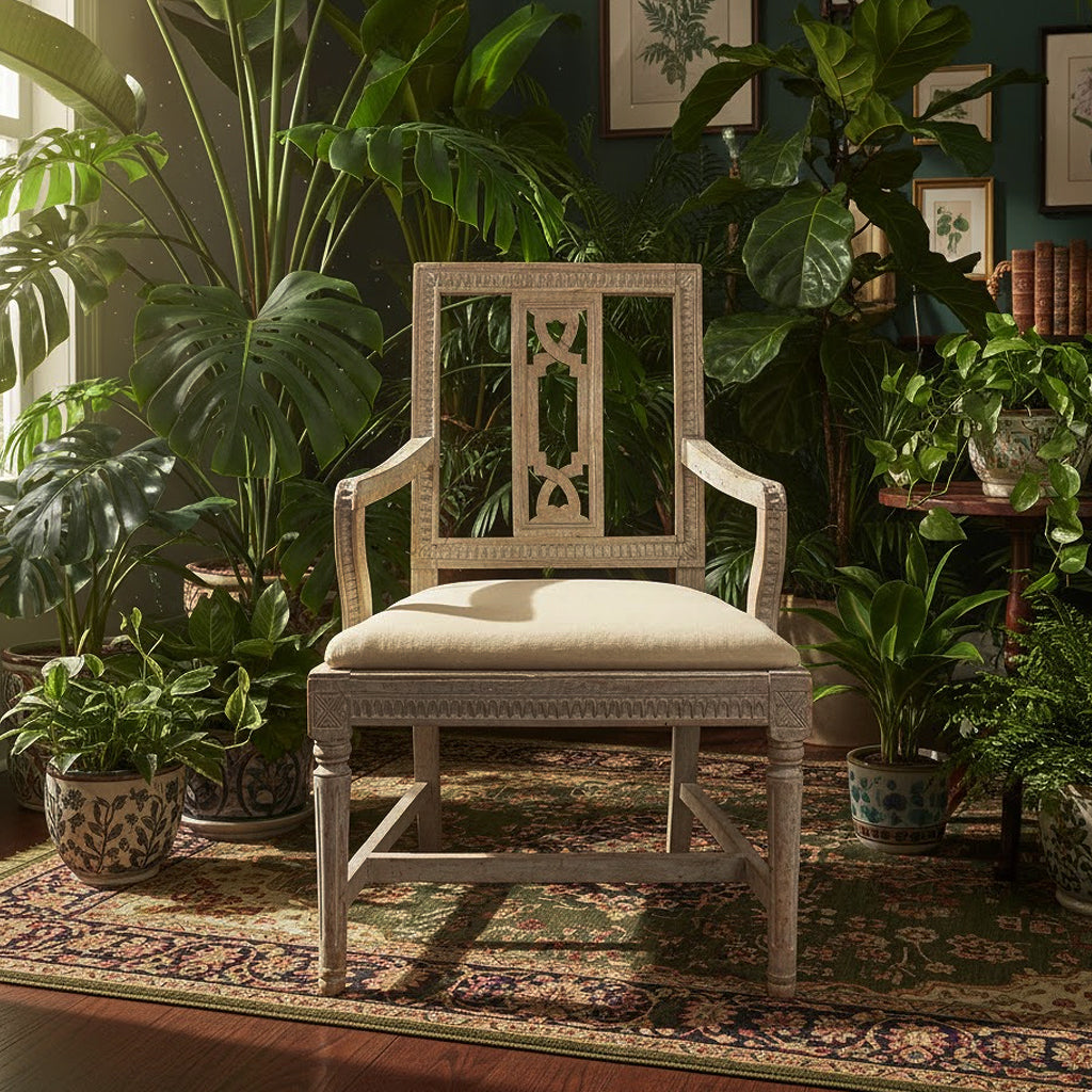 19th-Century Swedish Gustavian Accent Chair uniquely set in aviary botanical inspired room