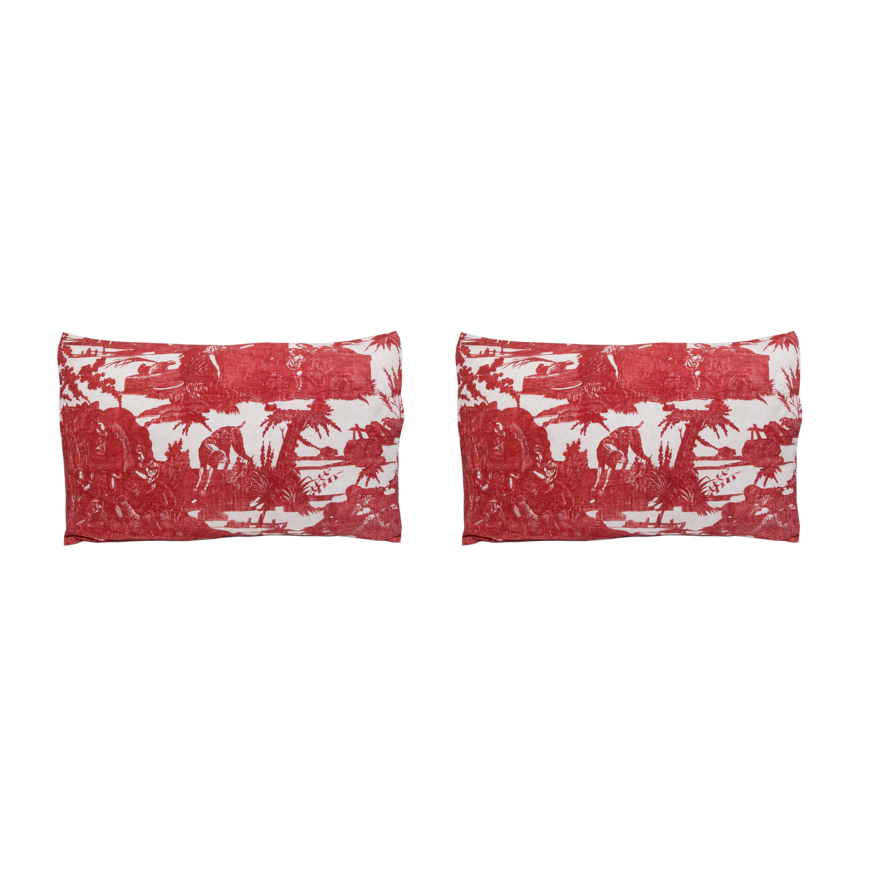 Two red and white patterned pillows on a white background