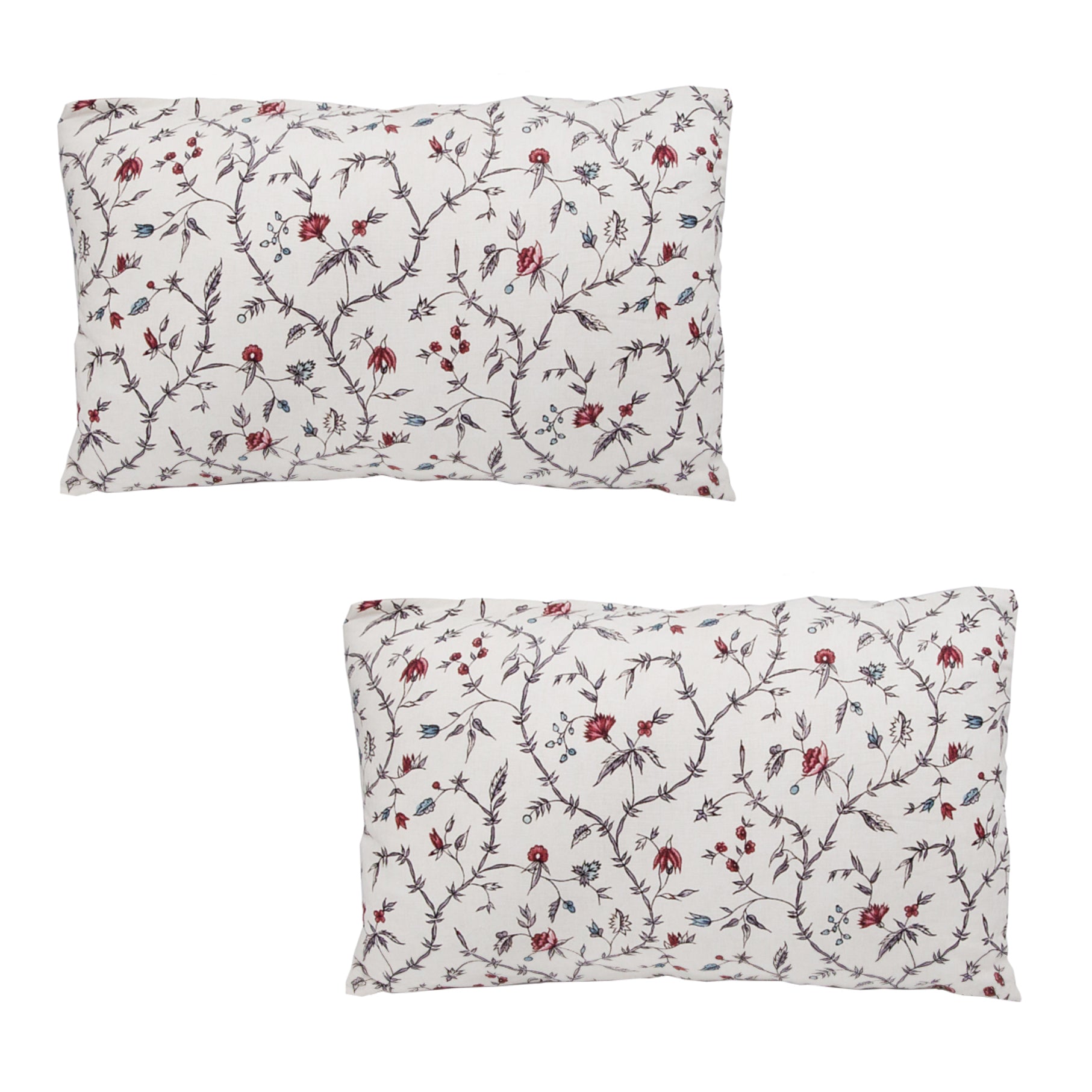 Pair of Antoinette Poisson Jardin d’œillets red and white floral linen pillows