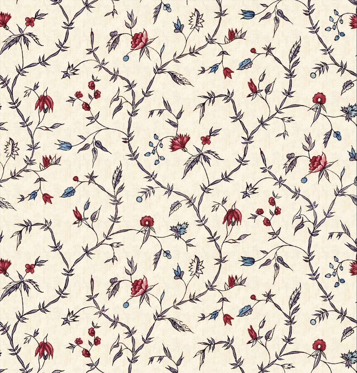 Floral pattern with red and blue flowers on a beige background