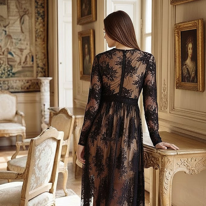 BOHO FLORAL BLACK LACE V-NECK MAXI DRESS WITH LINING by BluIvy