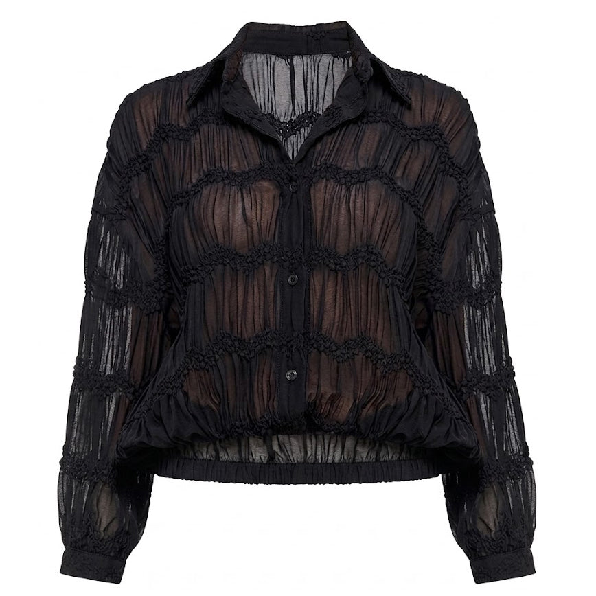Black sheer blouse with lace details on a white background