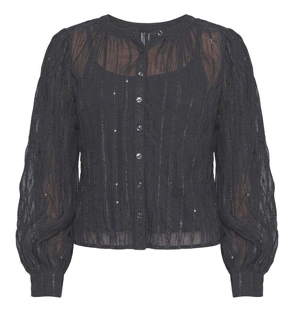 Black blouse with sheer sleeves and neckline on a white background