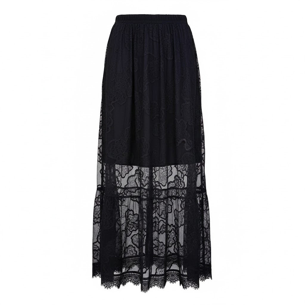 Elegant black sheer lace maxi skirt with floral embroidery and scalloped eyelash hem, professional 3D product photo on white background.