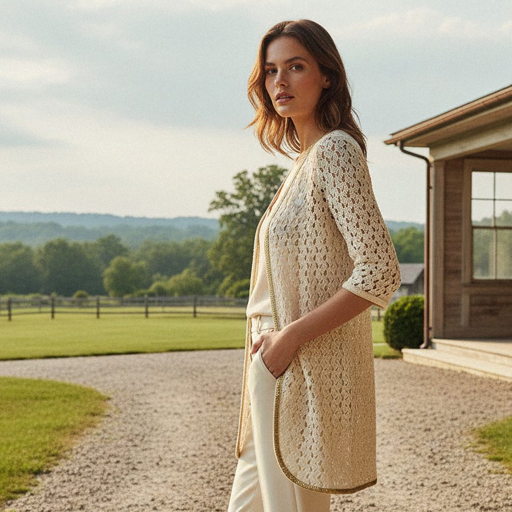CROCHET MESH MID-LENGTH VEST IN ECRU WITH GOLD ORNAMENTAL TRIM BY CHOKLATE PARIS