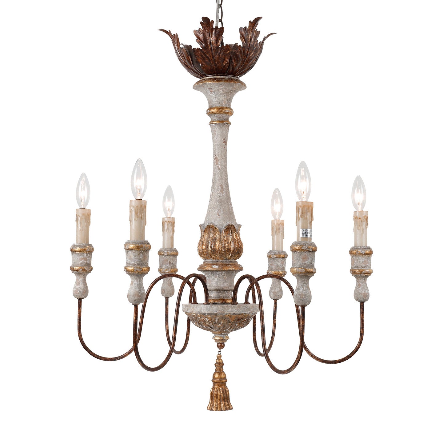 Calandra Chandelier by Terracotta Designs featuring an European style antiqued white wash and bronze gold finish.