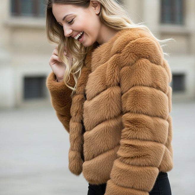 CAMEL COLORED CROPPED FAUX FUR JACKET BY CHOKLATE PARIS