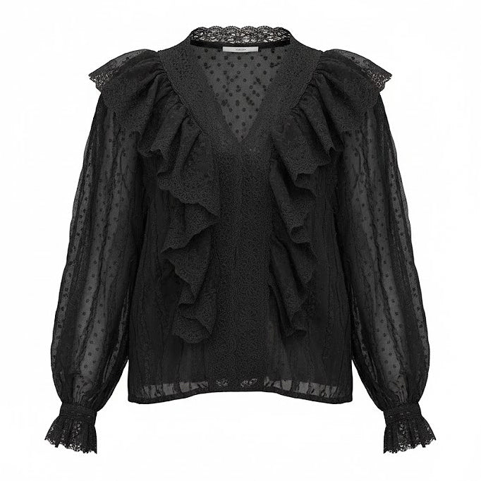 Black sheer lace blouse with Baroque-inspired ruffled collar and intricate floral embroidery, 3D product photography for luxury Parisian fashion.