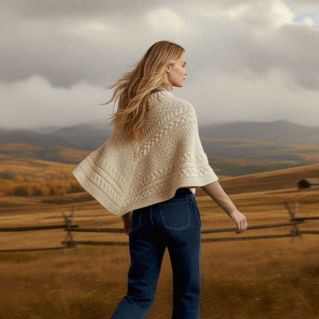 Back view of a high-quality cream Aran wool poncho showing traditional knit craftsmanship and a timeless draped silhouette.