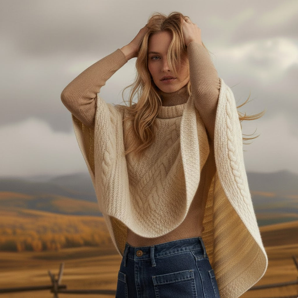 Detailed close-up of a luxury cream Merino wool button poncho highlighting the soft heritage texture and intricate Irish stitching.