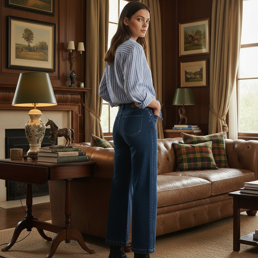 Rear full-length view of a woman wearing dark denim flare trousers in a sophisticated, classic interior with heritage decor.