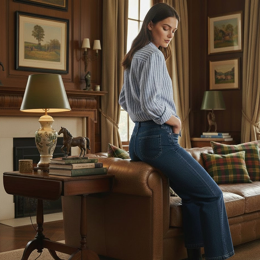 Close-up side profile of dark blue wide leg flare jeans on a model, highlighting the structured fit and high-quality American denim fabric.