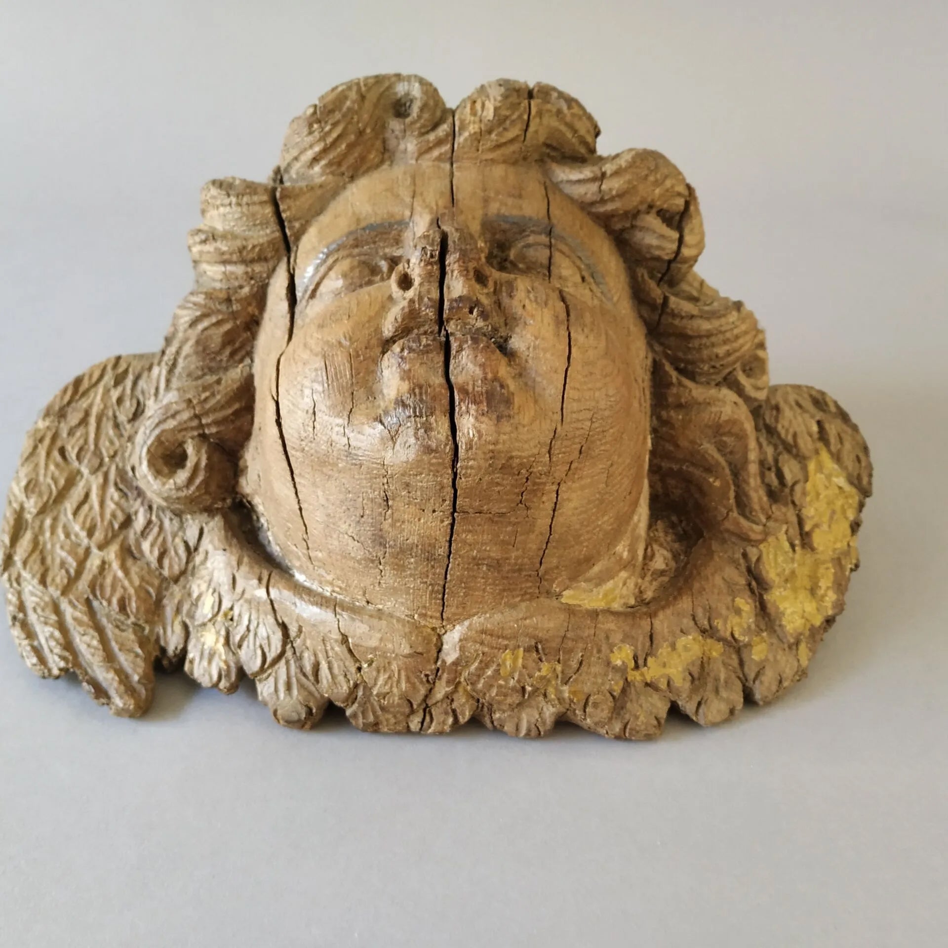 Antique 17th Century French Baroque Carved Oak Winged Cherub Bust