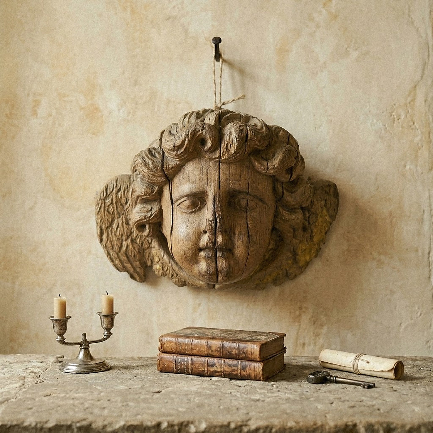 Antique 17th Century French Baroque Carved Oak Winged Cherub Bust against a plaster wall with antique books and candlesticks on a stone table.