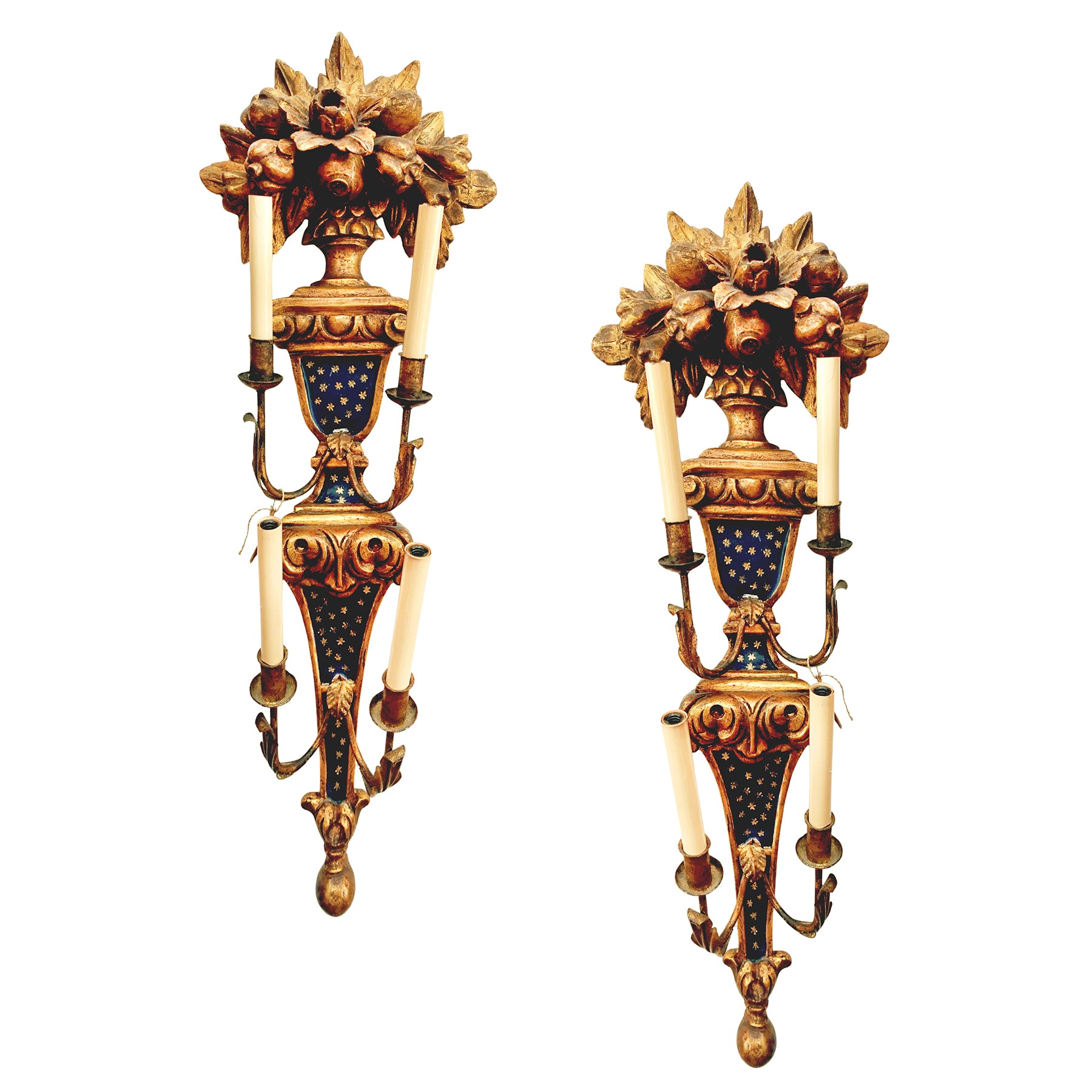 Pair of Hand-Carved Two-Tiered Early 20th Century Italian Florentine Giltwood Wall Sconces