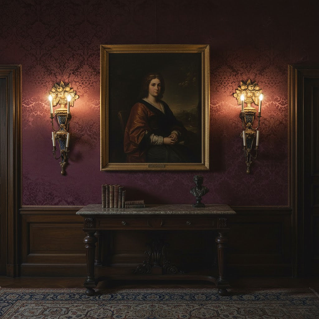 Victorian Old World room with an oil painting in a gilt frame, marble top oak console and giltwood carved wall sconces.