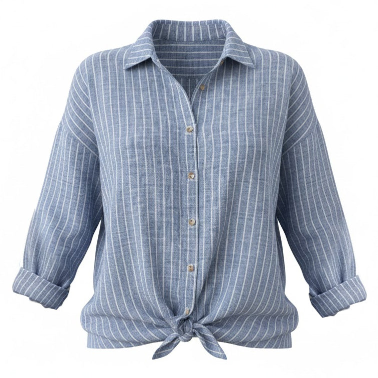 Oversized European linen boyfriend shirt in denim blue and white stripe, featuring a front-tie knot and sustainable 100% linen craftsmanship.
