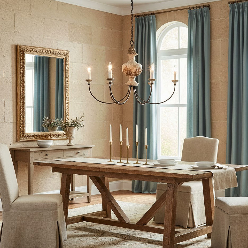 Galiana Chandelier by Terracotta Designs with a rustic wood antique European Flemish inspired design set in a sophisticated French Country interior.
