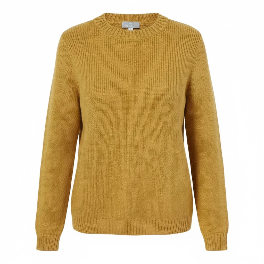 Front view of a Golden Knit Supersoft Merino Wool Crewneck Sweater for women, featuring a classic plain stitch pattern and traditional ribbing on the collar, cuffs, and hem, made in Ireland.