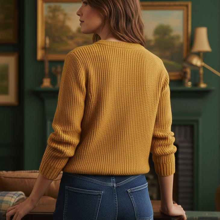 Rear view of the Golden Knit Supersoft Merino Wool Sweater, showcasing the tailored fit and breathable plain stitch construction, styled for a curated capsule wardrobe.