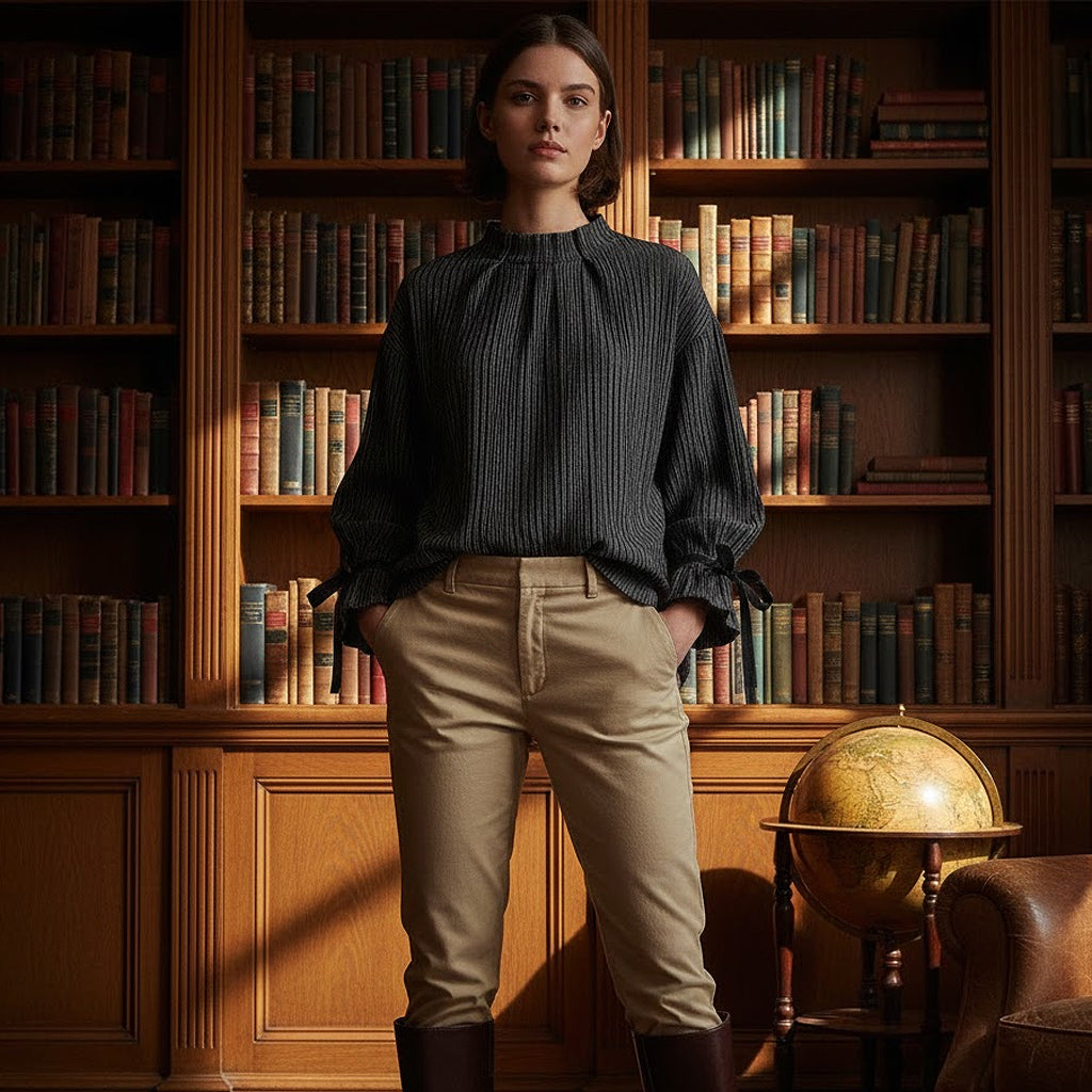 Sophisticated woman in a Victorian-style pinstripe linen blouse standing in a classic wood-paneled library.