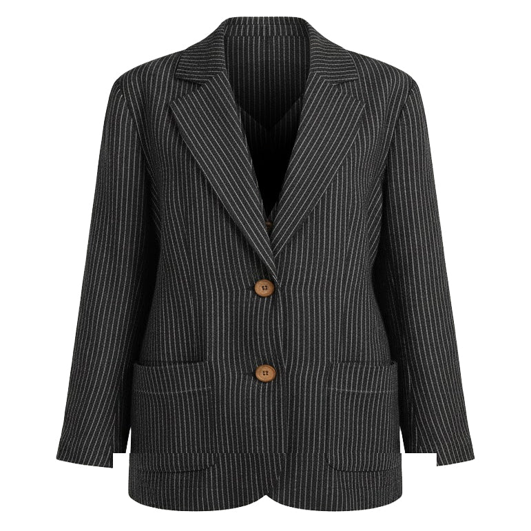 Handmade European black and white pinstripe linen blazer with natural wood buttons and tailored lapels.