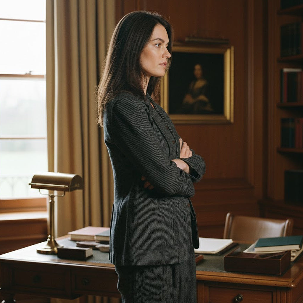 Woman wearing a loose-fitted black and white pinstripe linen blazer suit in a traditional library setting.