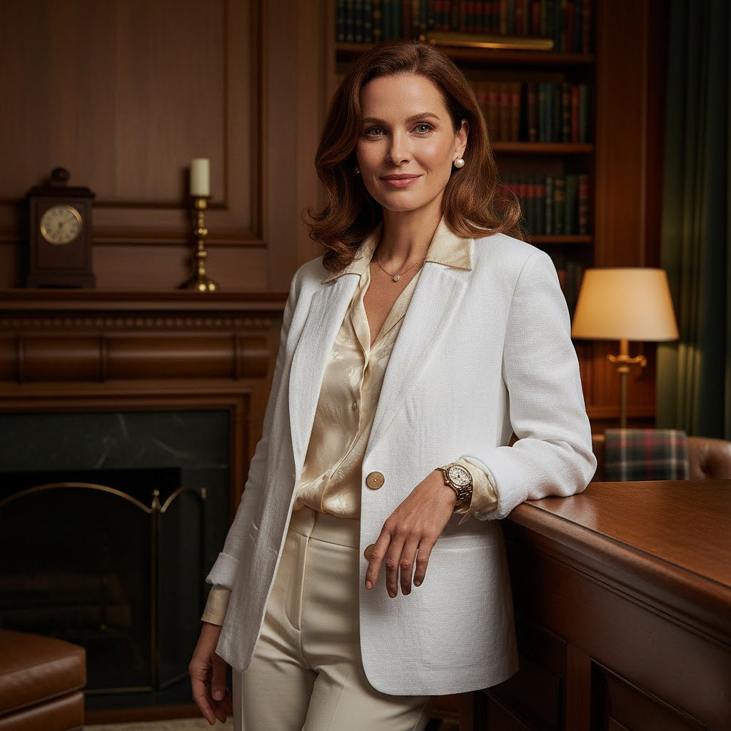 Sophisticated woman wearing a tailored white European linen blazer over a silk cream blouse in a classic wood-paneled library setting.