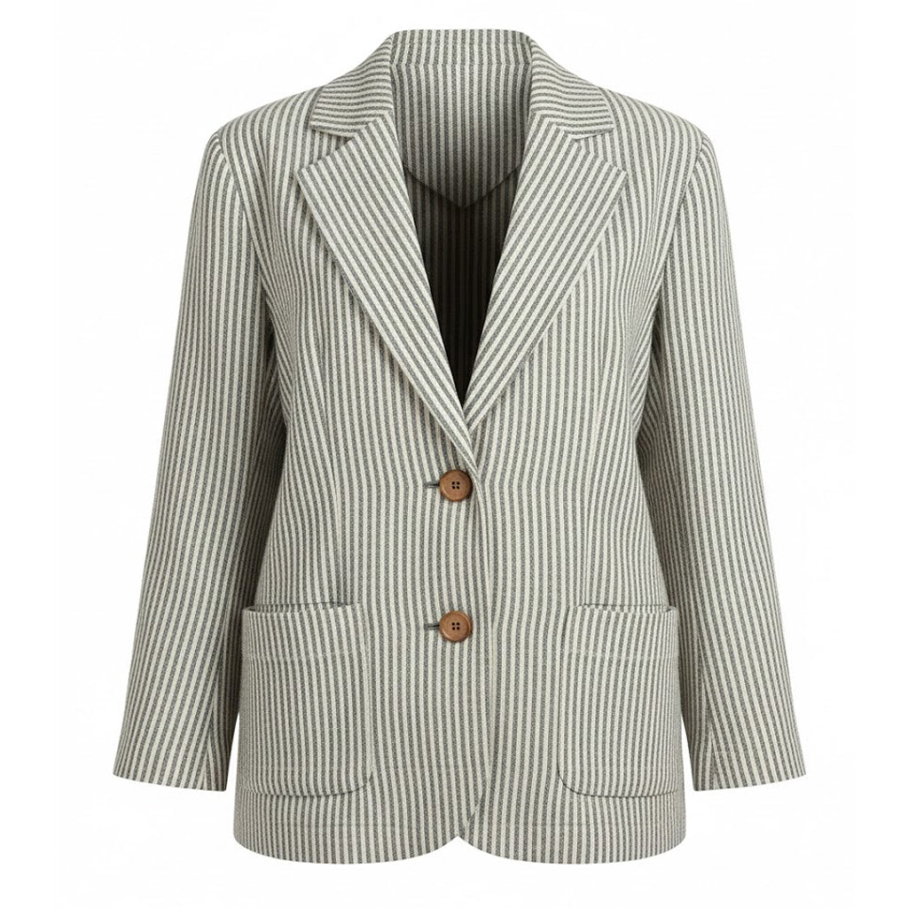 Tailored women’s navy and natural striped linen blazer featuring a classic two-button closure and patch pockets, handmade from Oeko-Tex certified European linen for a timeless, sustainable heritage wardrobe.