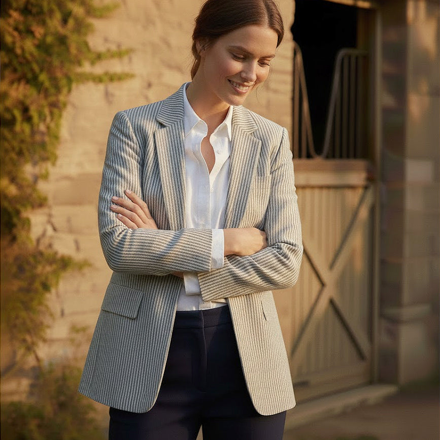 Elegant linen blazer for women in a navy and cream stripe, showcasing a relaxed but structured fit perfect for a romantic, historical-inspired ensemble or a refined academic look.