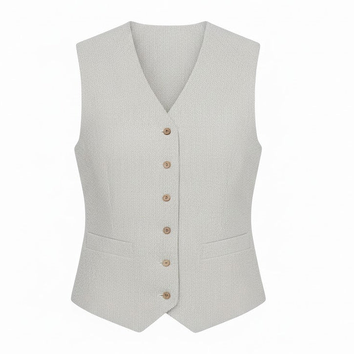 Handmade European linen waistcoat for women in beige and white pinstripe, tailored vest with natural wood buttons and minimalist silhouette.