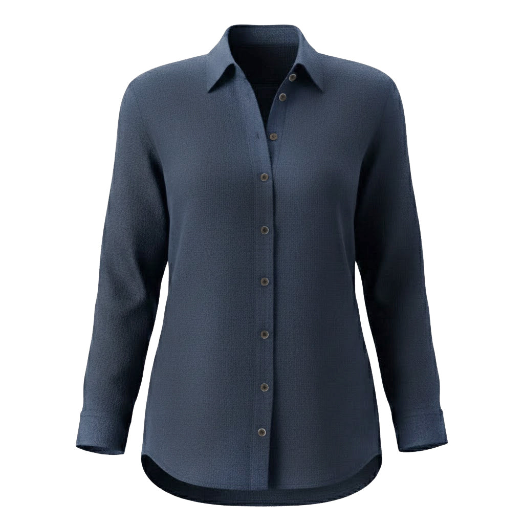 Front view of a 100% European linen button-down shirt in slate blue with faux mother-of-pearl buttons and a clean, structured silhouette.