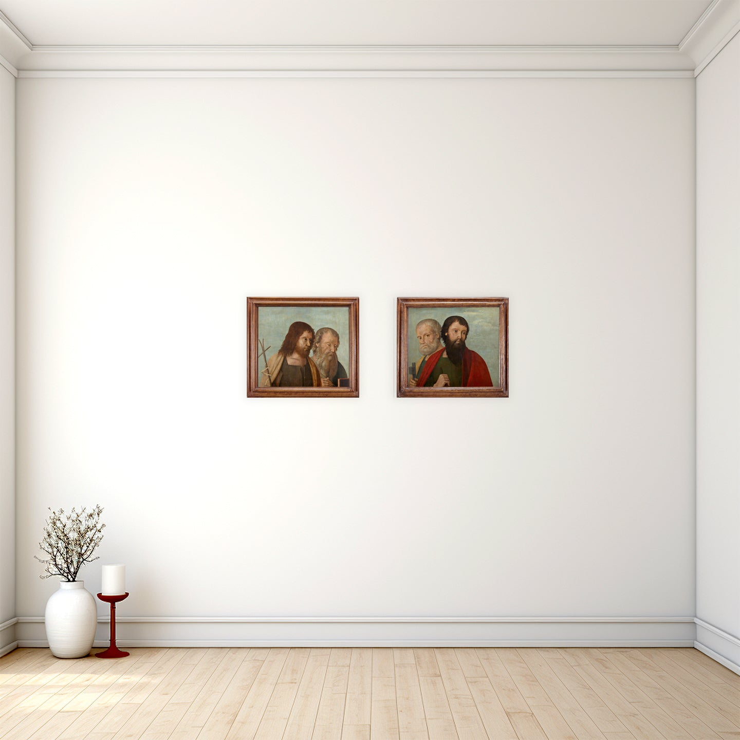 Pair of 16th century Venetian Renaissance oil panel paintings set in a simple room for display