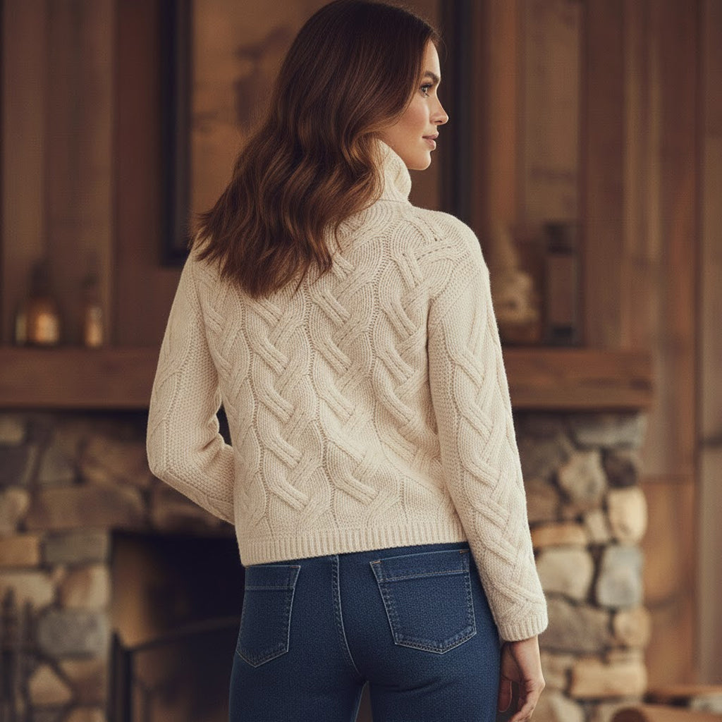 Back view of a cream cable knit Aran sweater for women, showcasing the continuous heritage cable patterns and premium Irish wool construction.