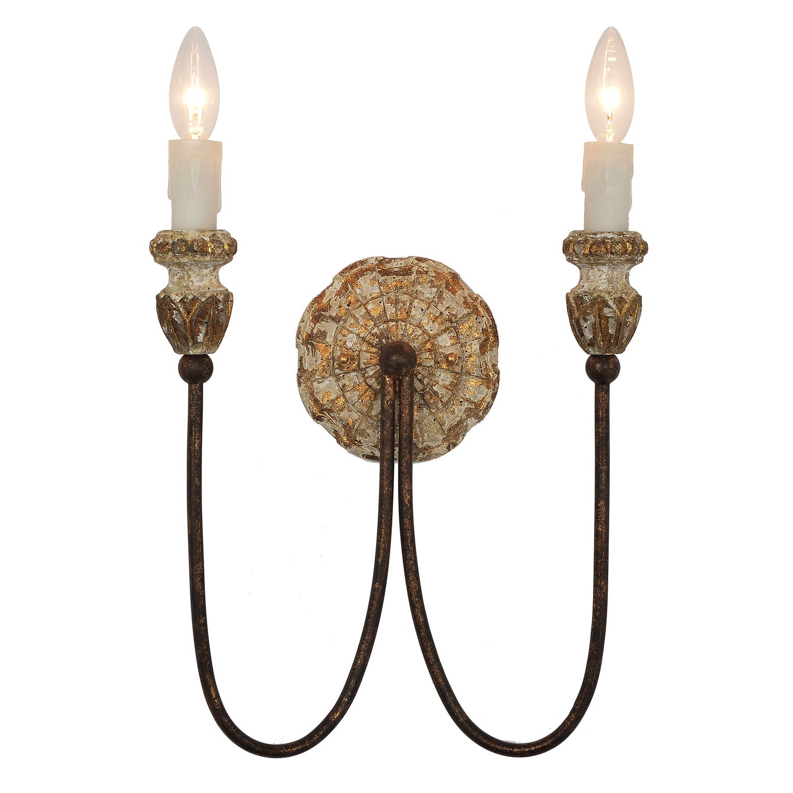 Laconia sconce in aged antiqued weathered finish with neutral gold giltwood bronze tones by Terracotta Designs Lighting.
