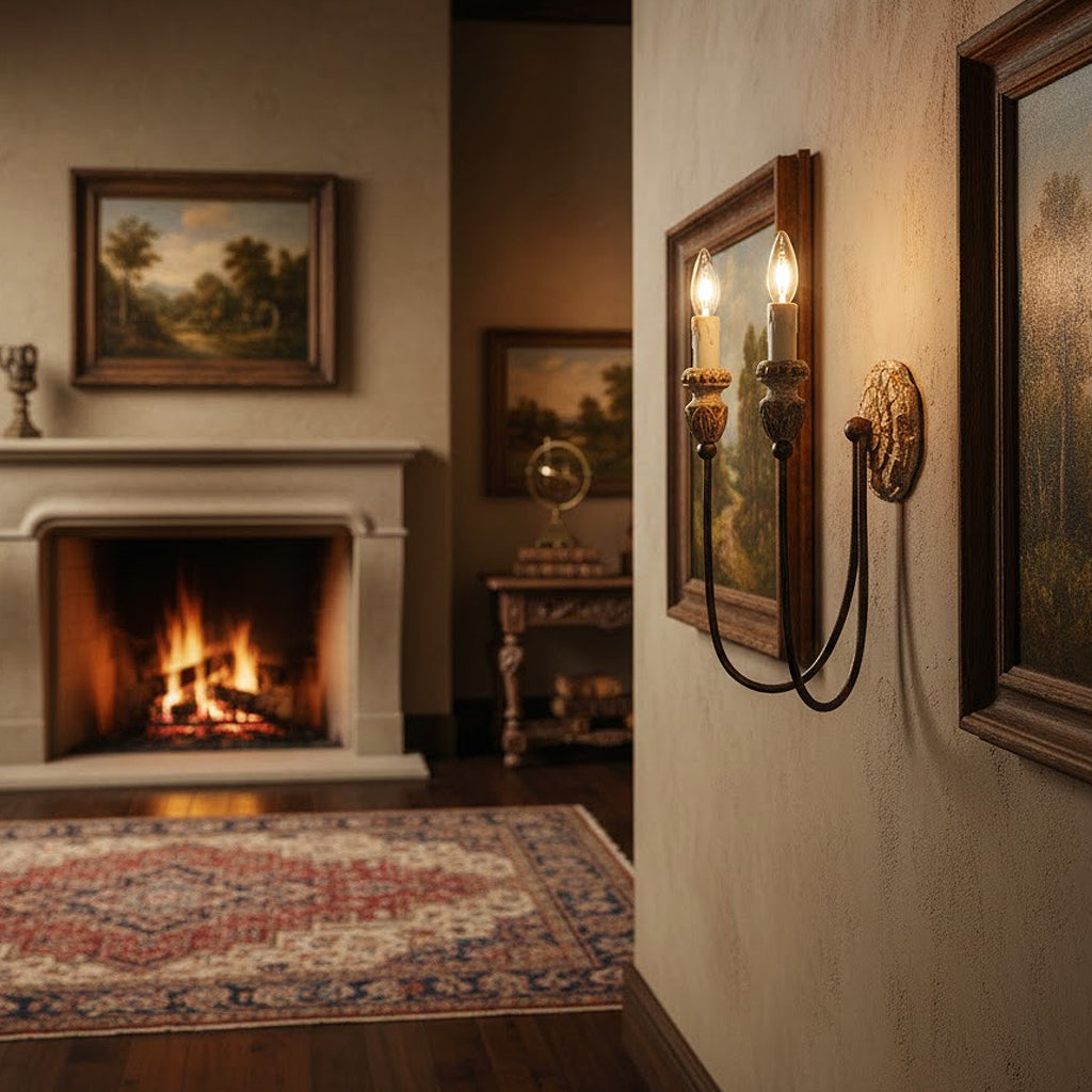 Cozy living room with fireplace, wall sconces, and framed artwork.
