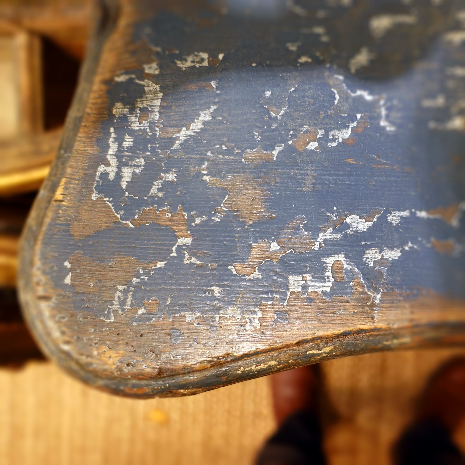 Old patina on the curved corner top of an 18th century Blue painted Italian Tuscan Cabinet
