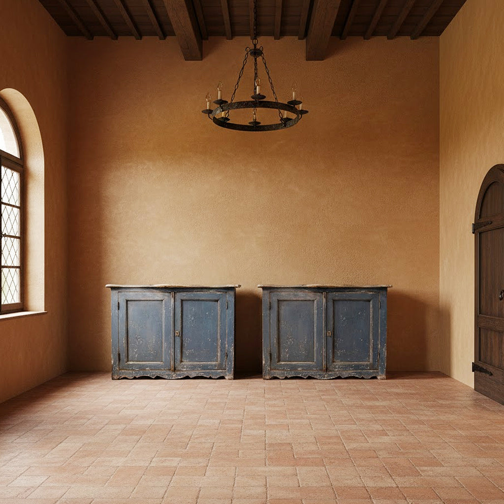 Terracotta and walnut wood toned room with a A Pair of Late 18th-Century Tuscan Cerulean Blue Cupboards