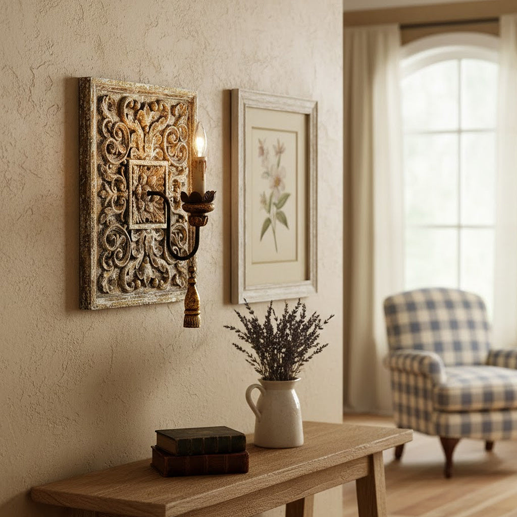 Antique-Inspired Laurentia 2-Light Wall Sconce by Terracotta Designs set in a French Country home interior.