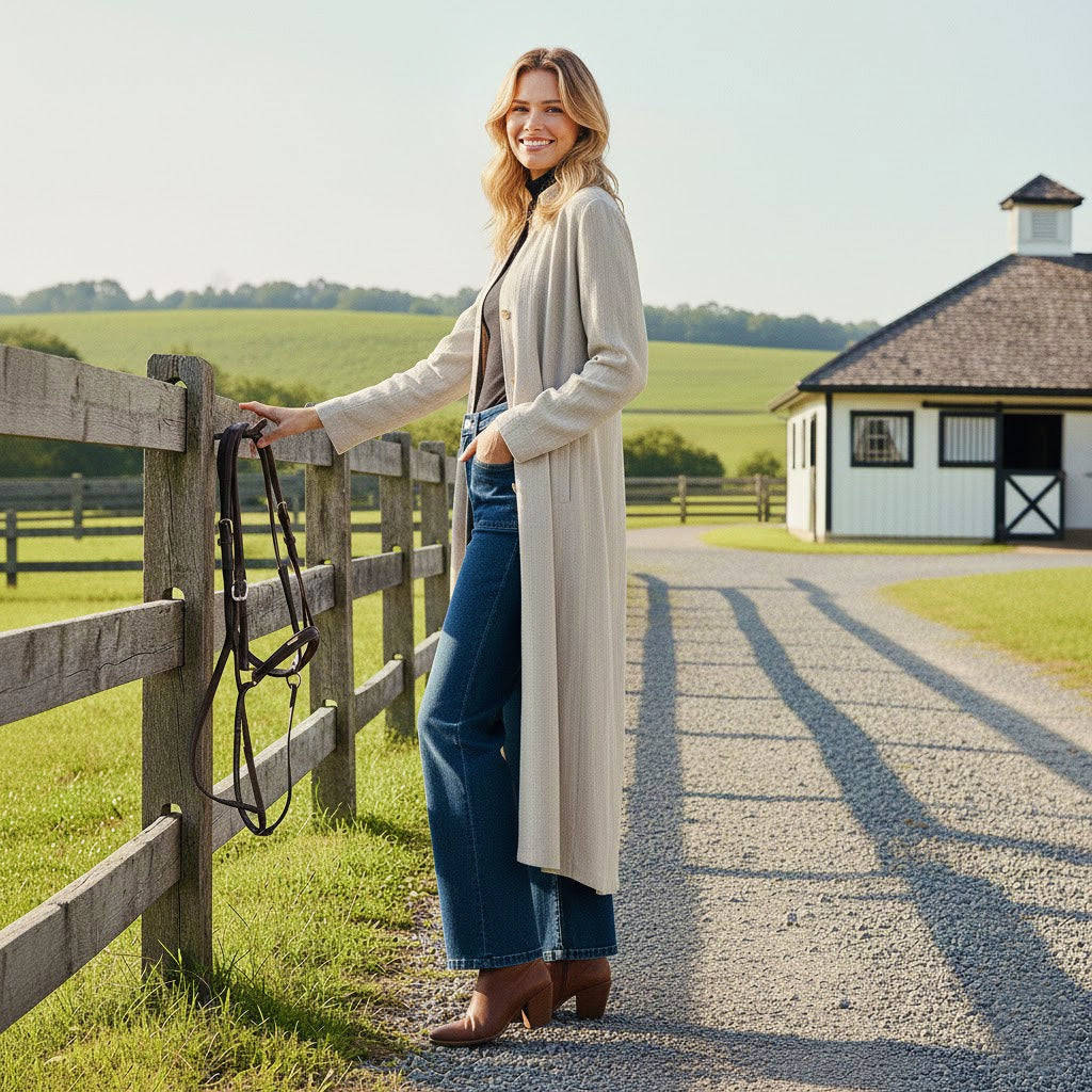 Sustainably sourced natural linen duster jacket featuring heritage materials and durable slubbed texture, ideal for an equestrian-inspired or romantic fashion look.