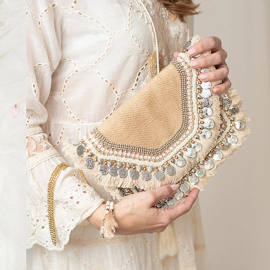 Boho Chic Clutch with sequins burlap and fringe by Lula Natura spain